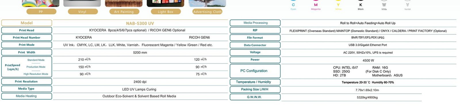 جدول المواصفات المصور UV Printer NAB-5300 UV